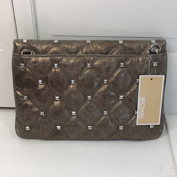 New MICHAEL MICHAEL KORS Metallic Gray Sloan Leather Studded Clutch - Picture 5 of 6
